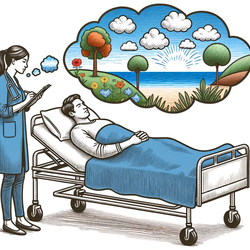 Drawing of a diverse male patient lying in a medical bed, with dreamy bubbles above his head showing soothing landscapes like beaches, meadows, and serene forests. A diverse female therapist stands beside the bed, whispering comforting words, and guiding the patient's visualization process.